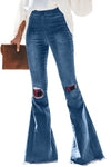 Plaid Patchwork Bell Bottom Jeans With Frayed Hem