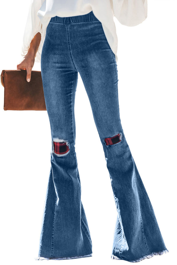 Plaid Patchwork Bell Bottom Jeans With Frayed Hem
