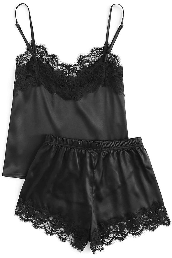 Lace Satin Sleepwear Cami Top and Shorts Pajama Set