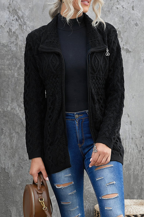 Wine Red Zip-up Open Front Knitted Sweater