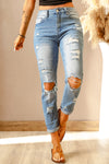 Light Blue Washed Ripped Straight Legs Jeans
