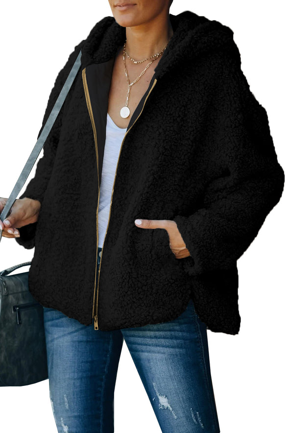Zip Up Sherpa Hooded Coat with Pocket