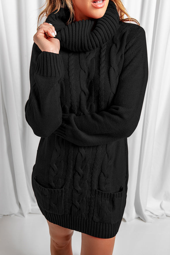 Colorblock Cowl Neck Cable Knit Sweater Dress
