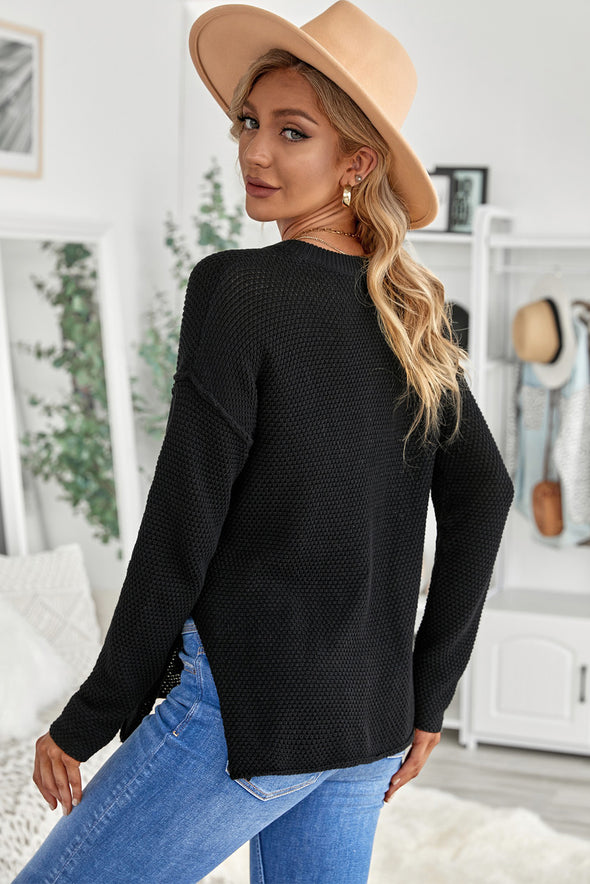 Henley Pullover Drop Shoulder Sweater with Slits