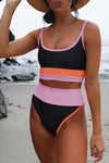Spaghetti Straps Colorblock Ribbed High Waisted Swimsuit