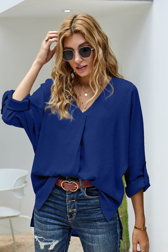 V Neck 3/4 Sleeve High Low Hem Shirt