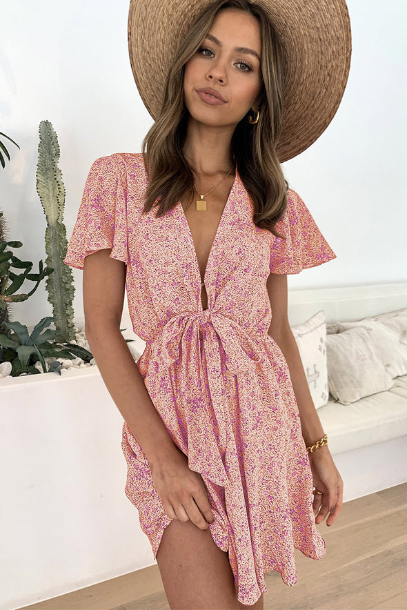 Floral Print Tie Knot Ruffled Short Sleeve Mini Dress