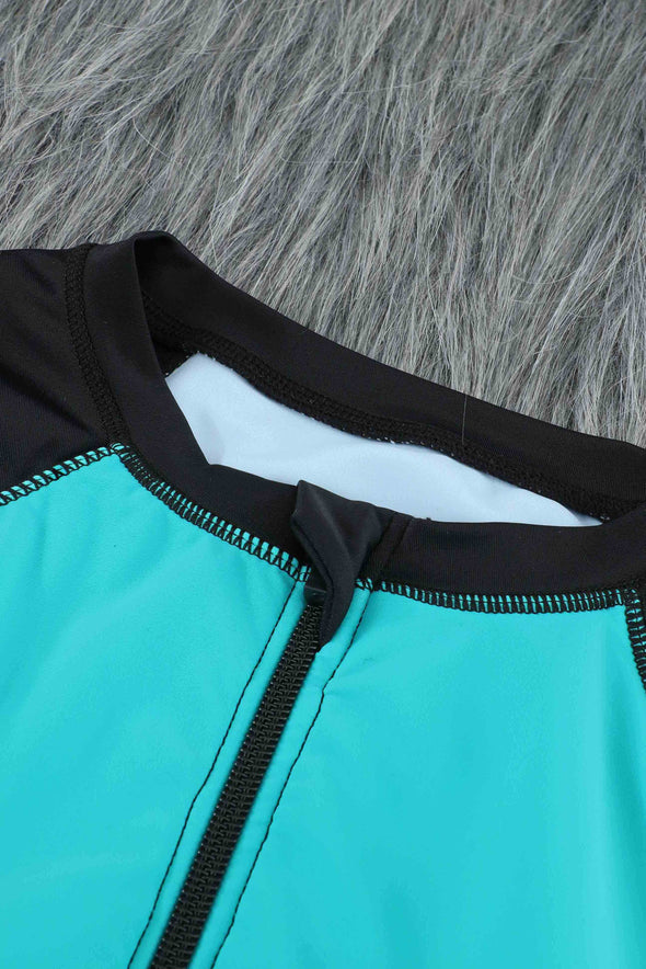 Color Block Zipper Long Sleeve Rash Guard Swimwear