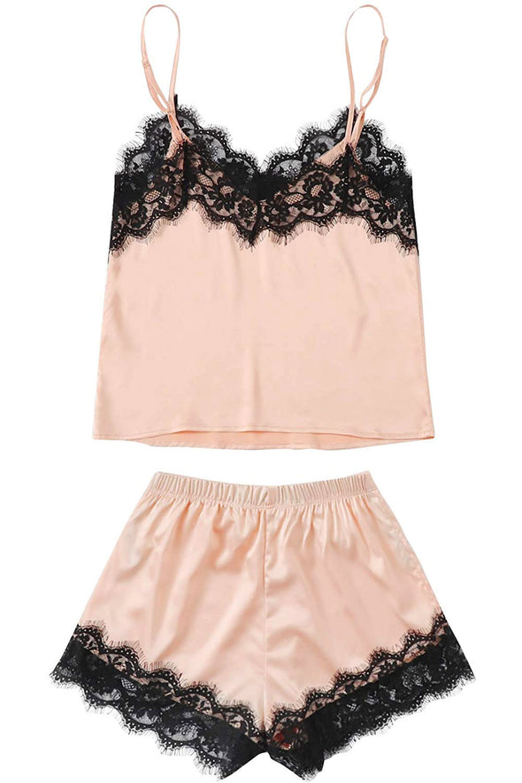 Lace Satin Sleepwear Cami Top and Shorts Pajama Set