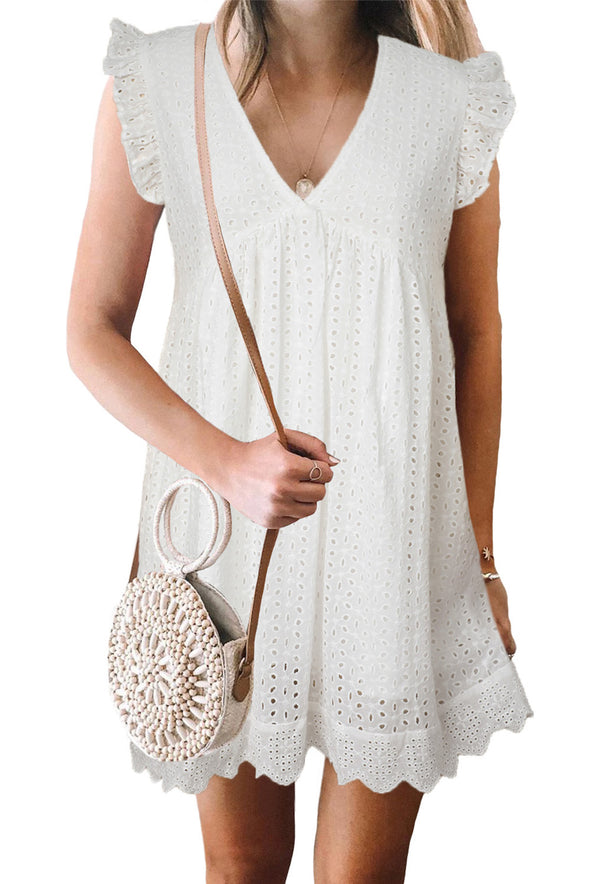 V Neck Ruffled Sleeves Perforating Babydoll Dress