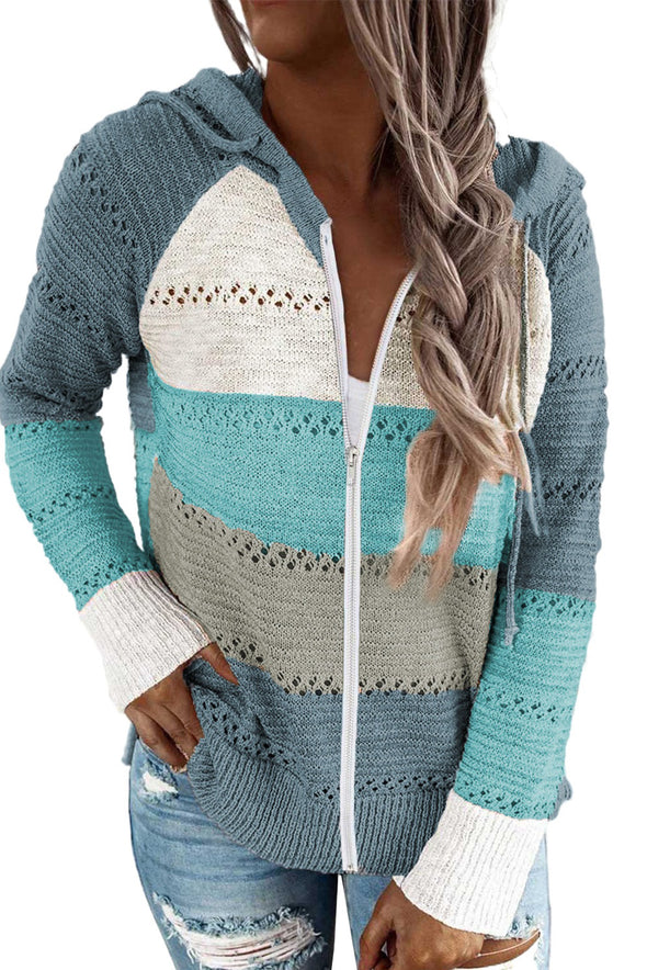 Zipped Front Colorblock Hollow-out Knit Hoodie