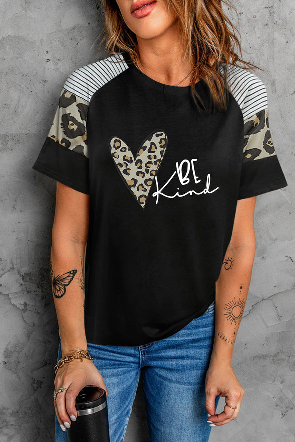 Letter Heart Print Leopard Striped Color Block Short Sleeve T-shirt