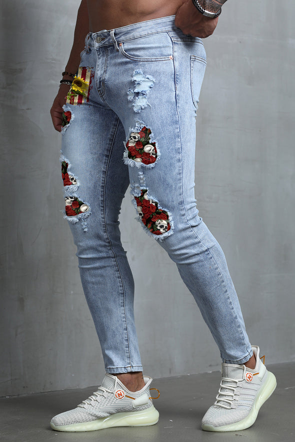 Men's Skull Print Patchwork Distressed Skinny High Waist Jeans