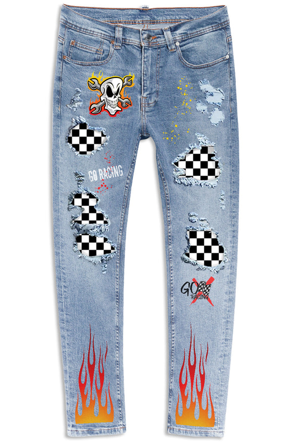 Men's Skull Print Patchwork Distressed Skinny High Waist Jeans