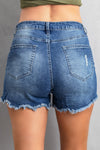 Dark Blue Frayed Hem Denim Shorts
