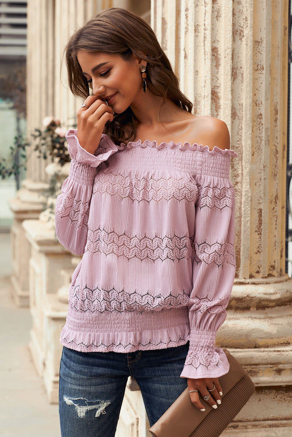 Off Shoulder Ruffle Long Sleeve Smocked Waist Lace Crochet Blouse