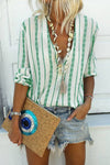 V Neck Striped Button Down Blouse