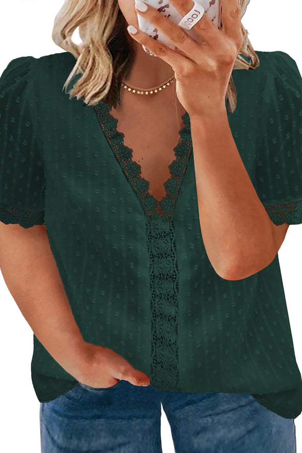 V Neck Lace Crochet Swiss Dot Short Sleeve Blouse