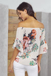 Off Shoulder Floral Tie Front High Low Chiffon Blouse