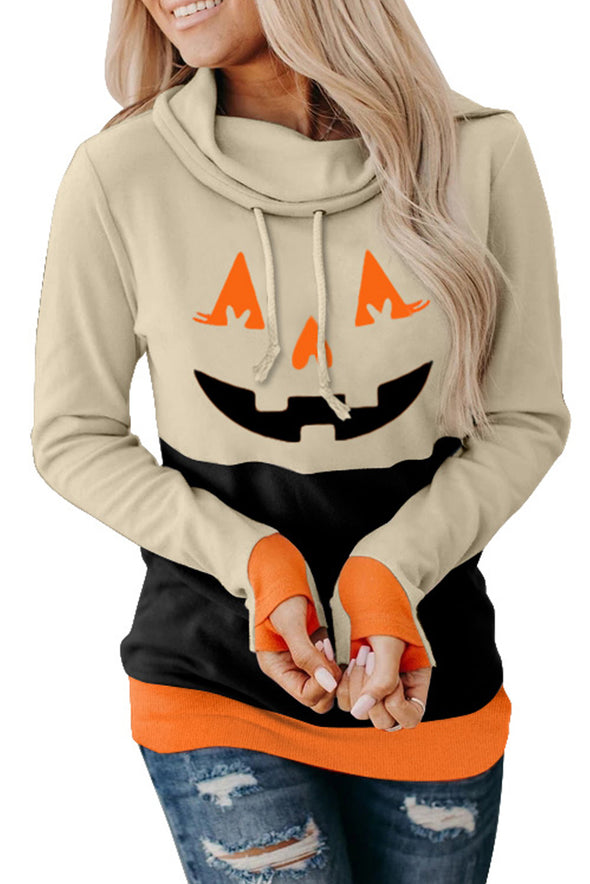 Cowl Neck Pumpkin Print Color Block Halloween Sweatshirt