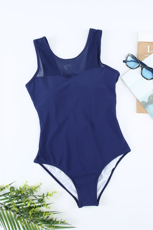 Strappy Hollow-out Back Mesh One-piece Swimwear