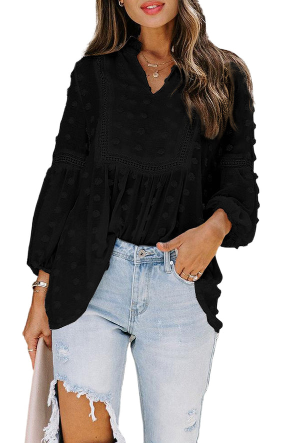 Swiss Dot Split Neck Ruffle Babydoll Blouse