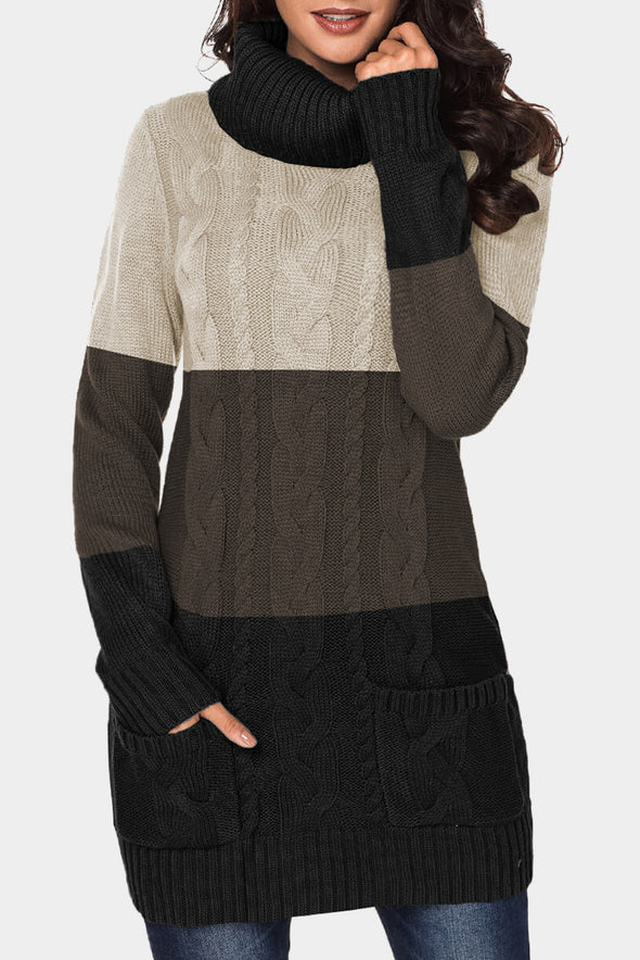 Colorblock Cowl Neck Cable Knit Sweater Dress