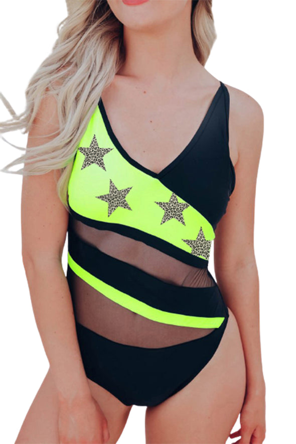 Colorblock Mesh Backless One-piece Swimwear