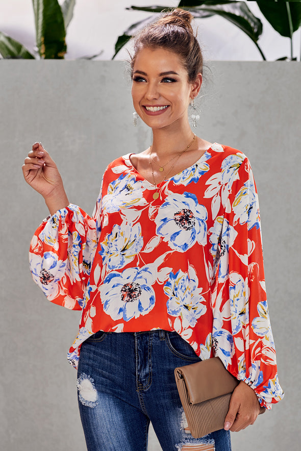 Multicolor Boho Print Balloon Sleeve Blouse