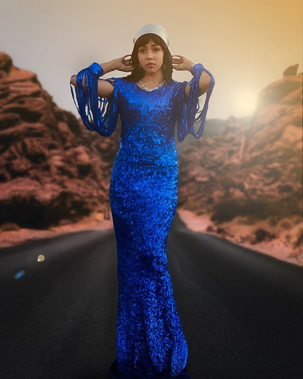Sequin Fringe Sleeve Party Maxi Evening Dress
