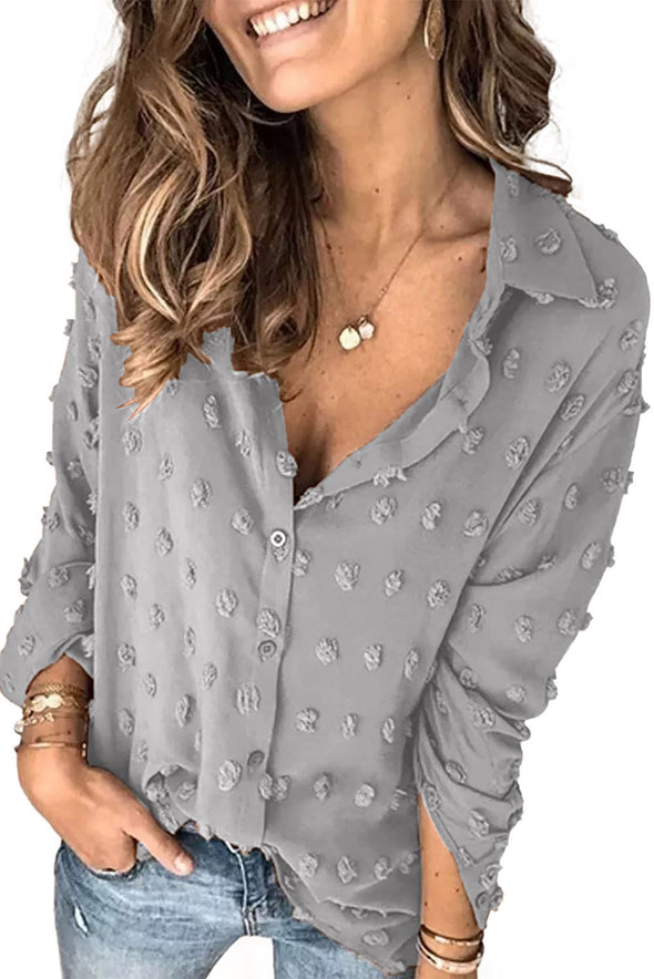 Long Sleeve Button Fuzzy Polka Dot Shirt