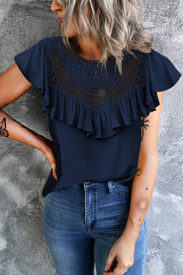 Lace Splicing Ruffled Short Sleeve T-shirt