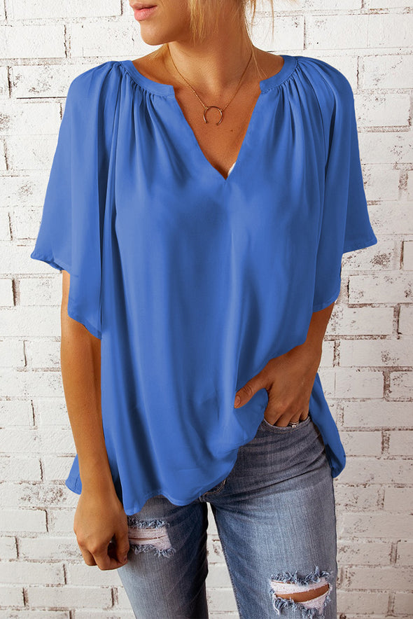 Split Neck Pleated Loose Blouse