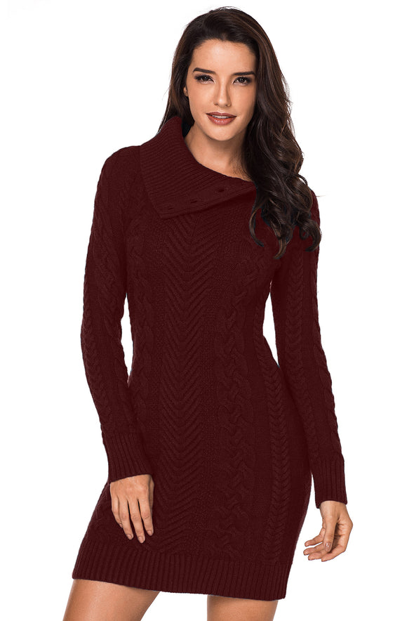 Asymmetric Buttoned Collar Black Bodycon Sweater Dress
