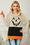 Cowl Neck Pumpkin Print Color Block Halloween Sweatshirt