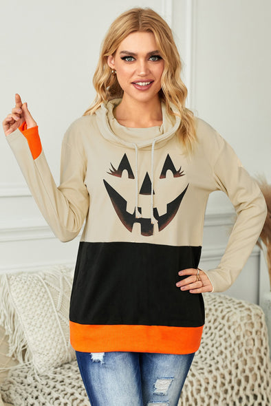 Cowl Neck Pumpkin Print Color Block Halloween Sweatshirt