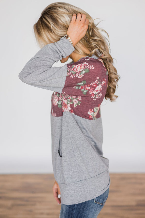 Floral Splice Pink Kangaroo Pocket Zip Collar Sweatshirt