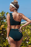 High Waist Scalloped Trim One Shoulder Bikini
