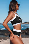One Shoulder Patchwork High-waisted Bikini Set