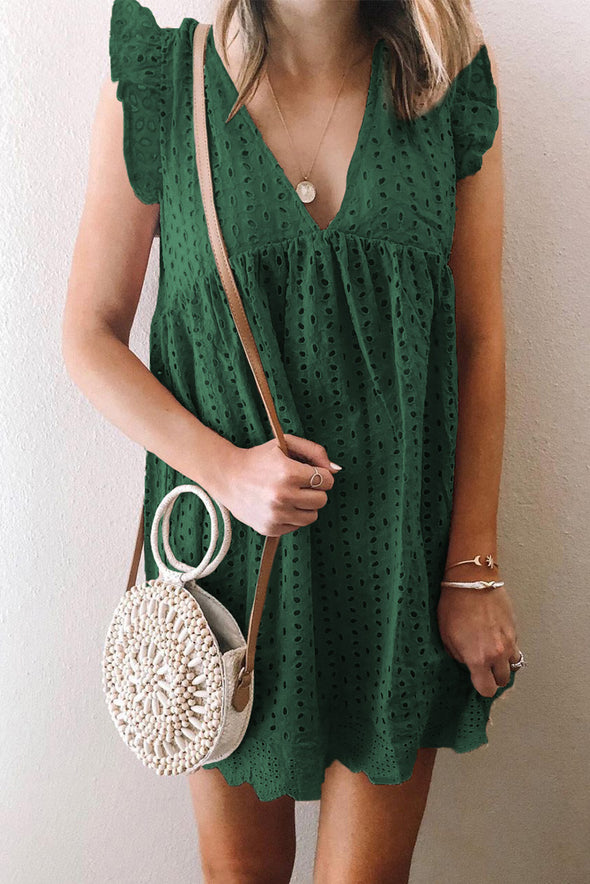 V Neck Ruffled Sleeves Perforating Babydoll Dress