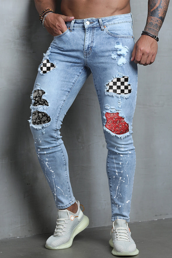 Men's Skull Print Patchwork Distressed Skinny High Waist Jeans
