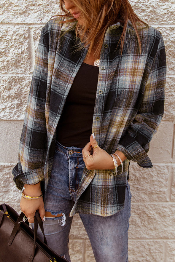 Oversize Rounded Hem Plaid Shirt with Slits