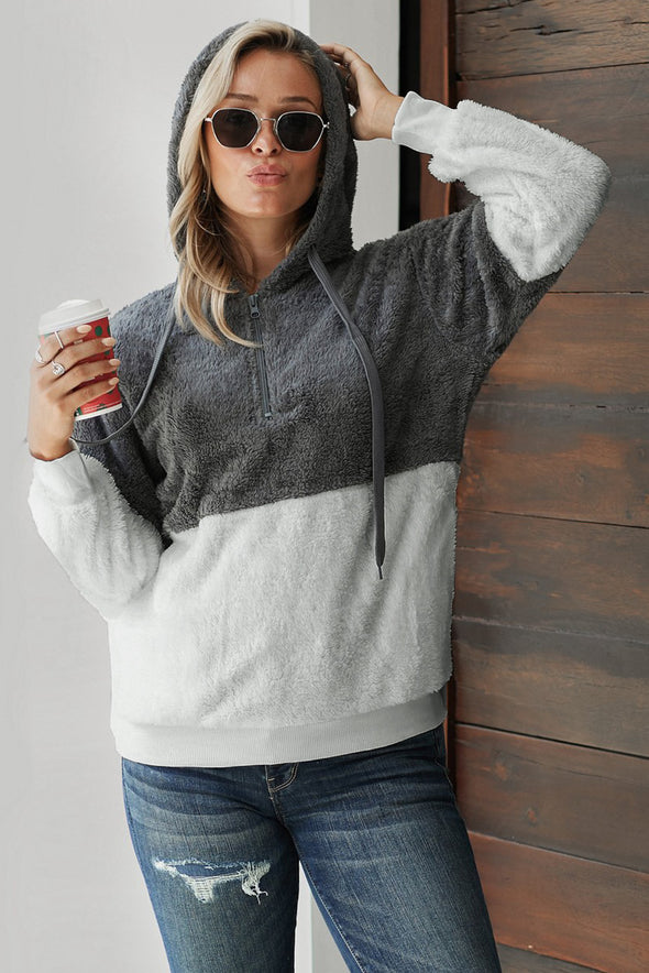 White Colorblock Furry Hoodie