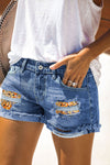 Plaid Patchwork Rolled Hem Denim Shorts