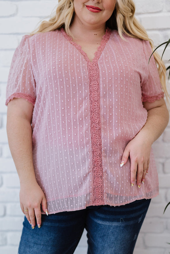 V Neck Lace Crochet Swiss Dot Short Sleeve Blouse