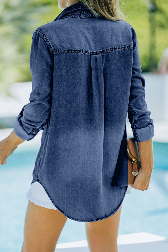 Buttoned Turn Down Collar Denim Shirt with Pocket