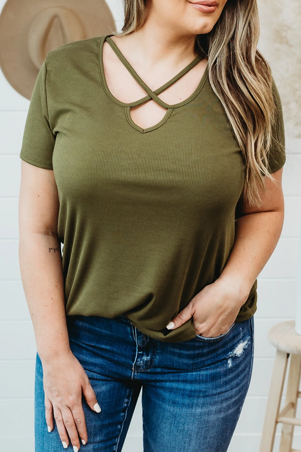 Army Green Plus Size Crisscross Ribbed Knit T-shirt