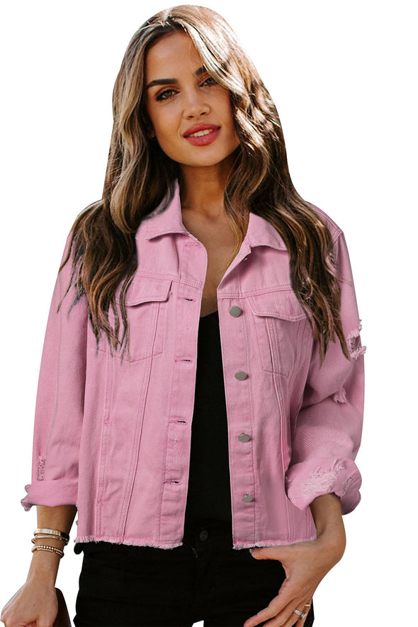 Lapel Distressed Raw Hem Buttons Denim Jacket