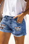 Plaid Patchwork Rolled Hem Denim Shorts