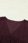 Wine Red V Neck Lantern Sleeve Swiss Dot Plus Size Blouse